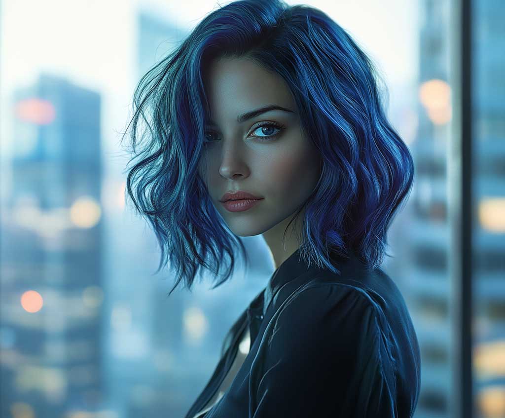 Artistic portrait of a professional woman with a textured new cut hair style, deep midnight blue hair, soft tousled layers, natural volume, wearing a modern office blouse, city skyline background through large office windows, sharp focus on hair vibrancy and texture.