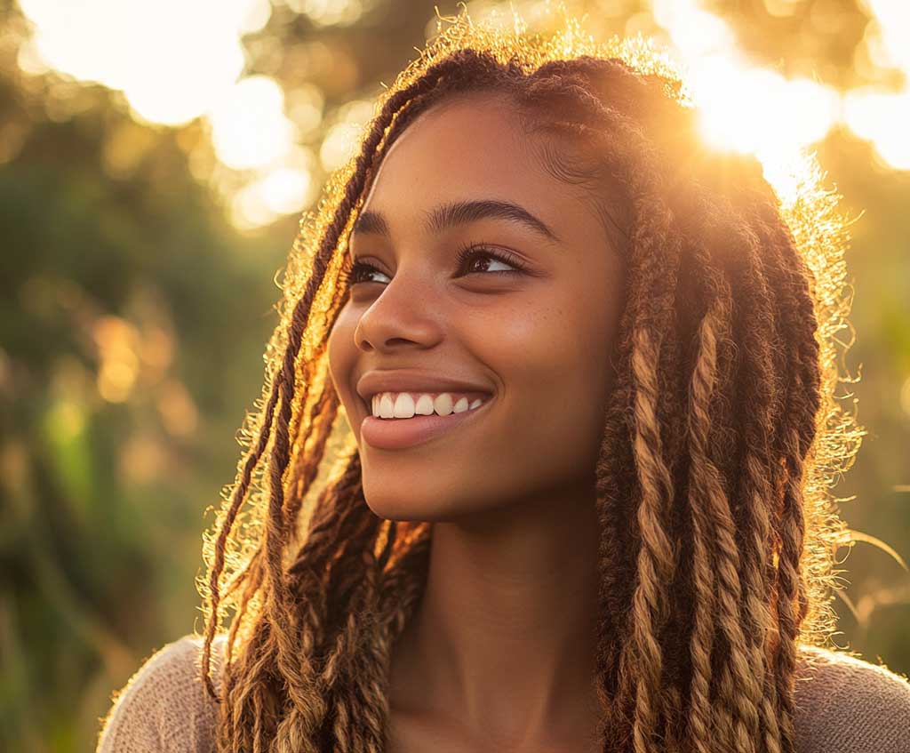 A smiling woman with golden-highlighted rope twist braids cascading down her shoulders, glowing under warm, golden-hour sunlight in an outdoor garden setting. The subtle sparkle of the highlights enhances the natural tones of her hair.