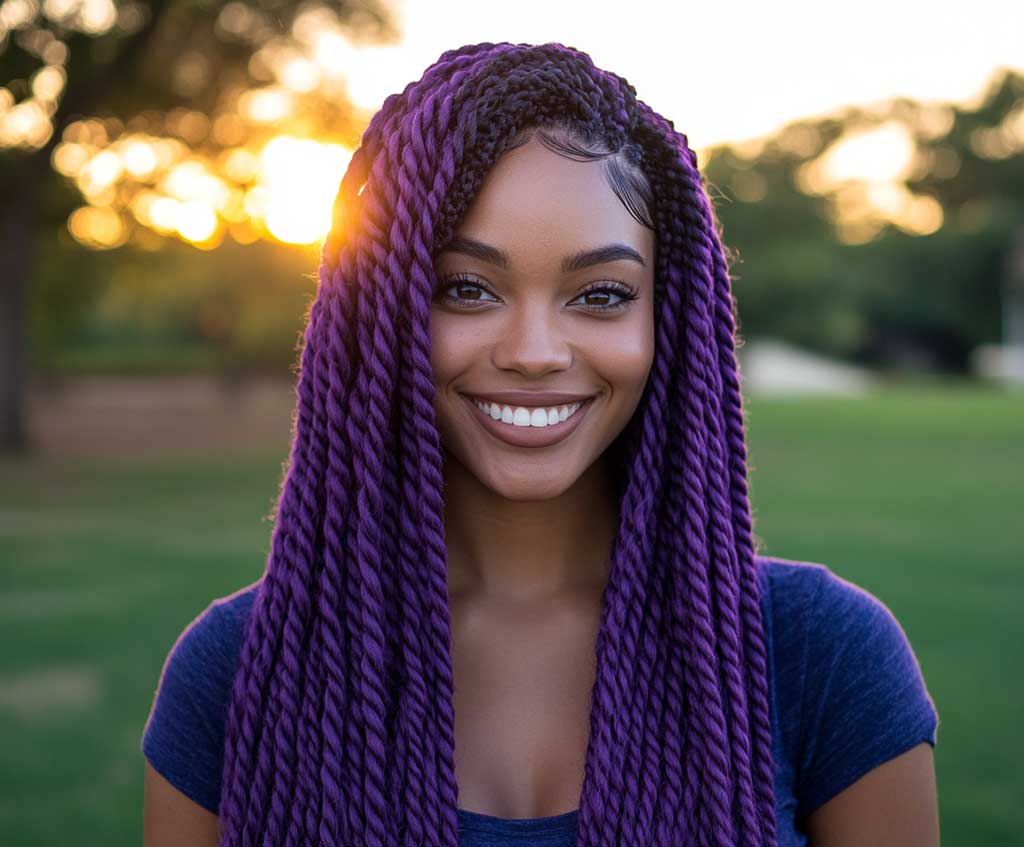 A woman smiling with long purple ombre rope twist braids cascading over her shoulders. The ombre transitions seamlessly from dark roots to light lavender tips, framed by a glowing sunset in a scenic park setting.
