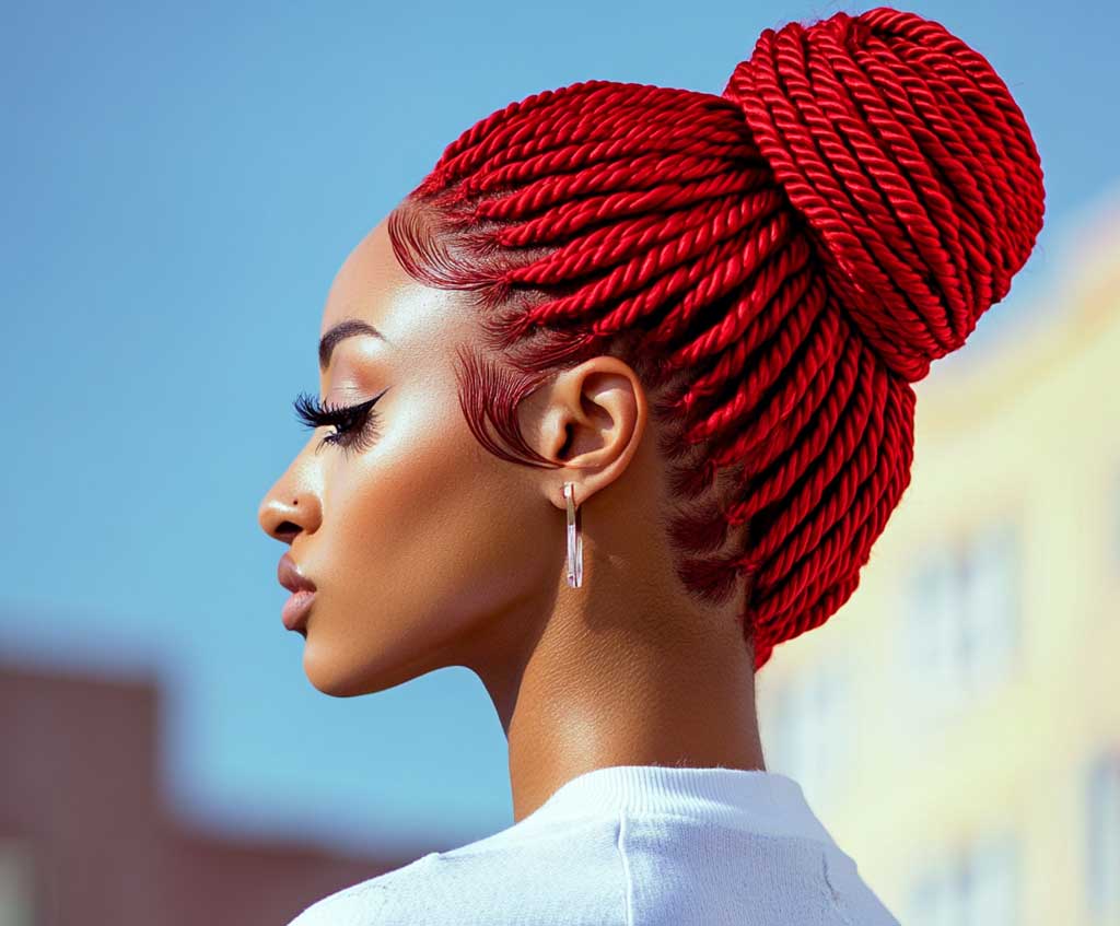 A confident woman with bold red rope twist braids, styled in a high ponytail. Her hair shines under natural sunlight, with a vibrant and urban background, showcasing the striking contrast of the bright red color in the rope twist.
