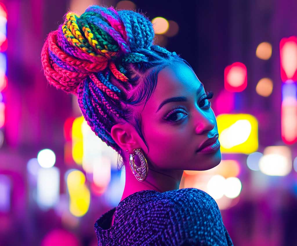A confident woman with rainbow-colored rope twist braids styled in a high bun. The colors—red, blue, green, yellow, and purple—are vivid and bright, glowing under the lights of a vibrant cityscape at night.