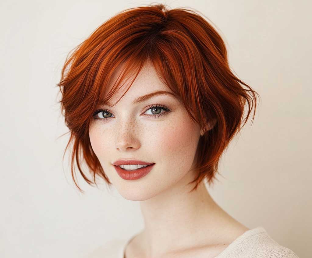 A vibrant woman with a round face, showcasing a short feathered auburn haircut. The hair glows with rich reddish tones and delicate feathered ends that add lightness and texture. The setting is neutral, highlighting the hairstyle, and the woman's expression is joyful and confident.