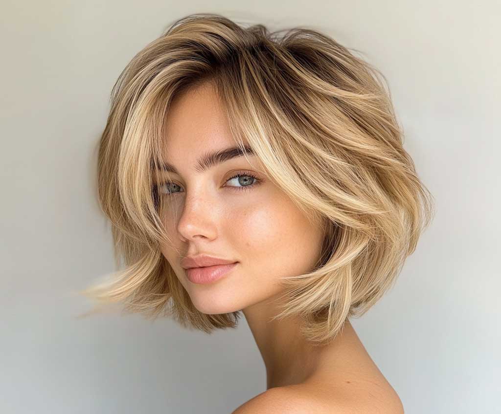 A radiant woman with a round face, styled in a feathered honey-blonde short haircut. The hair has sun-kissed highlights, soft layers, and light feathered ends that create a natural flow. The background is neutral, allowing the hairstyle to shine. The woman’s expression is confident and warm.