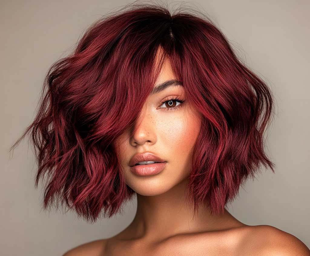 A bold woman with a round face, showcasing short tousled waves in a rich burgundy red shade. The deep red tones create a striking contrast with her skin, while the waves add volume and movement. The background remains neutral, allowing the vibrant hair color to stand out, and the woman’s expression is confident and fierce.