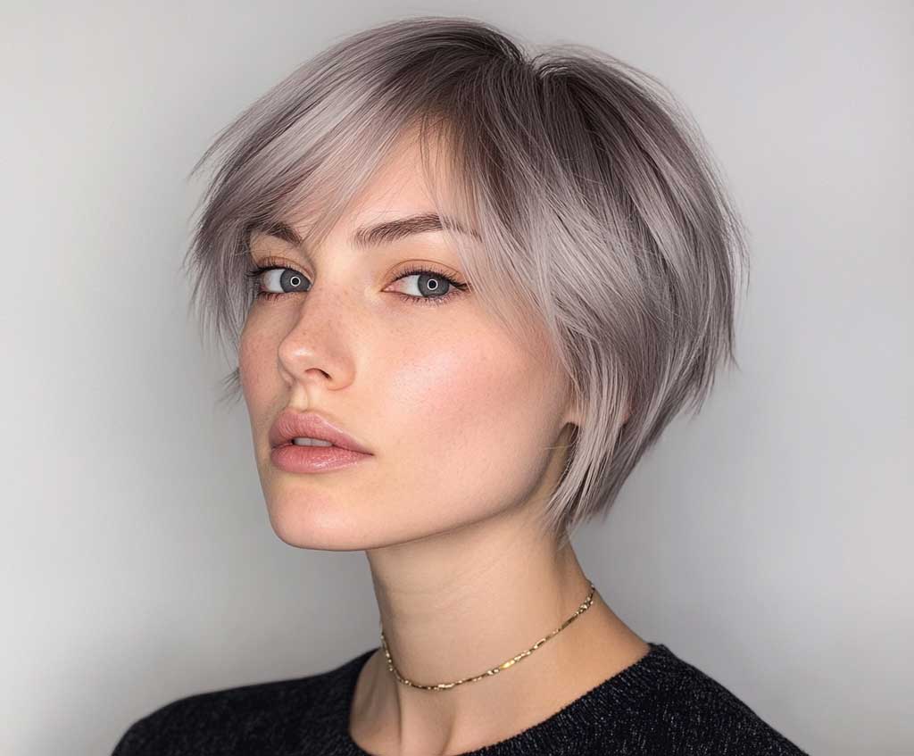 A stylish woman with a round face, sporting a short ash-grey haircut with feathered layers. The hair has a cool metallic shine, with light, airy tips that create volume and movement. The backdrop is minimalistic, and the woman's face is softly illuminated.