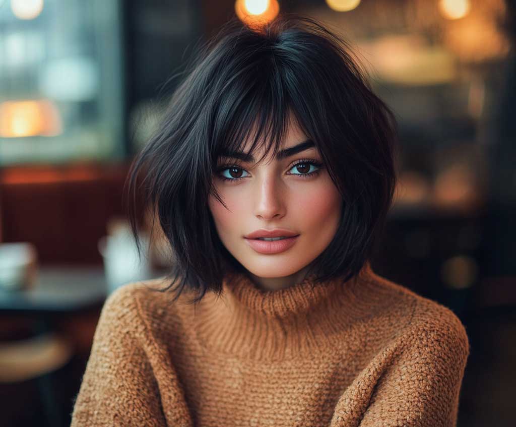 A fashionable woman with a layered crop haircut, featuring choppy ends designed for thin hair, in a cozy café with warm, diffused lighting.