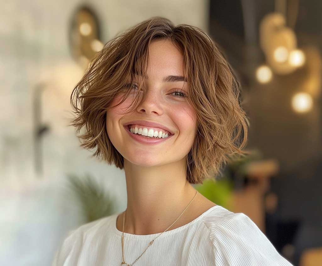 A smiling woman with a tousled short bob haircut for thin hair, featuring soft layers and natural texture, in an airy studio with soft lighting.