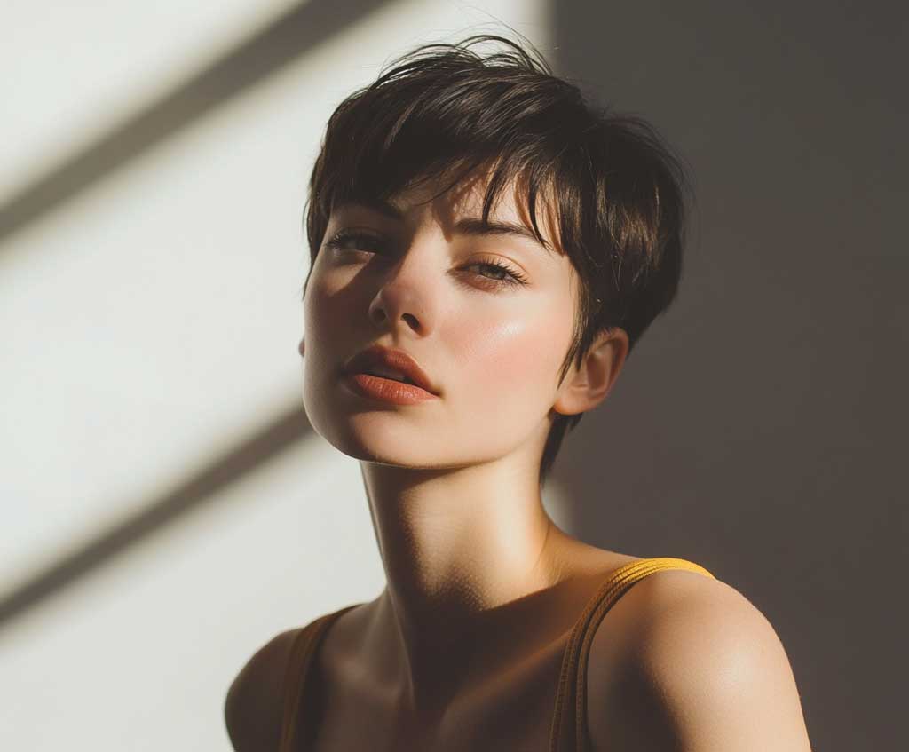 A confident woman with a short pixie cut featuring side-swept bangs, styled in a playful and edgy way, in a minimalist indoor space with soft shadows.