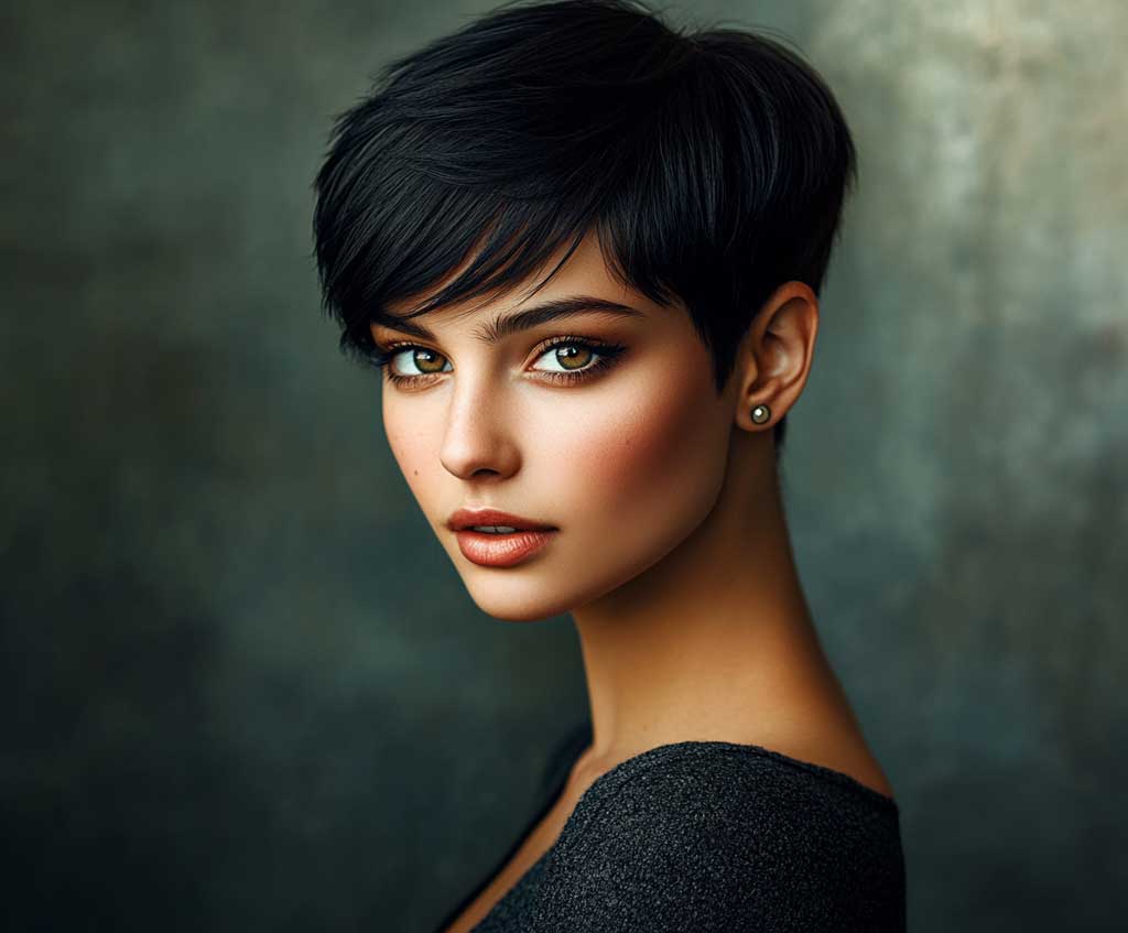A stylish portrait of a woman with a pixie cut paired with elegantly swept side swept bangs. The bangs softly frame her face, adding contrast to the short hairstyle. The lighting highlights her confident expression and the texture of her hair.