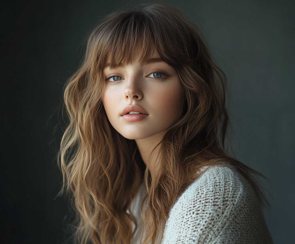 A candid portrait of a woman with soft wavy hair paired with casual side swept bangs. Her hair flows naturally with gentle waves, and her bangs are swept effortlessly to one side. The warm lighting creates a cozy, relaxed atmosphere in the image.