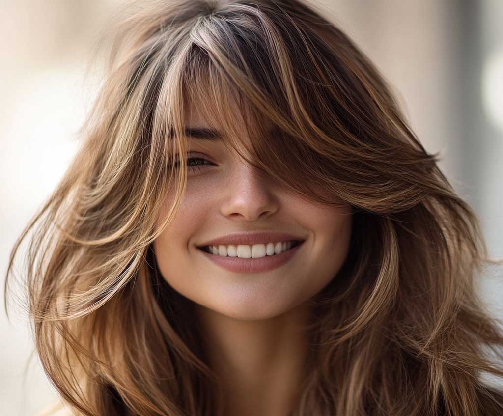 A close-up portrait of a smiling woman with long, silky hair styled into soft, layered side swept bangs. The bangs gently cascade across her forehead, blending seamlessly into the layers. Natural lighting enhances the softness and shine of her hair. She has a relaxed, confident expression, and the background is softly blurred.