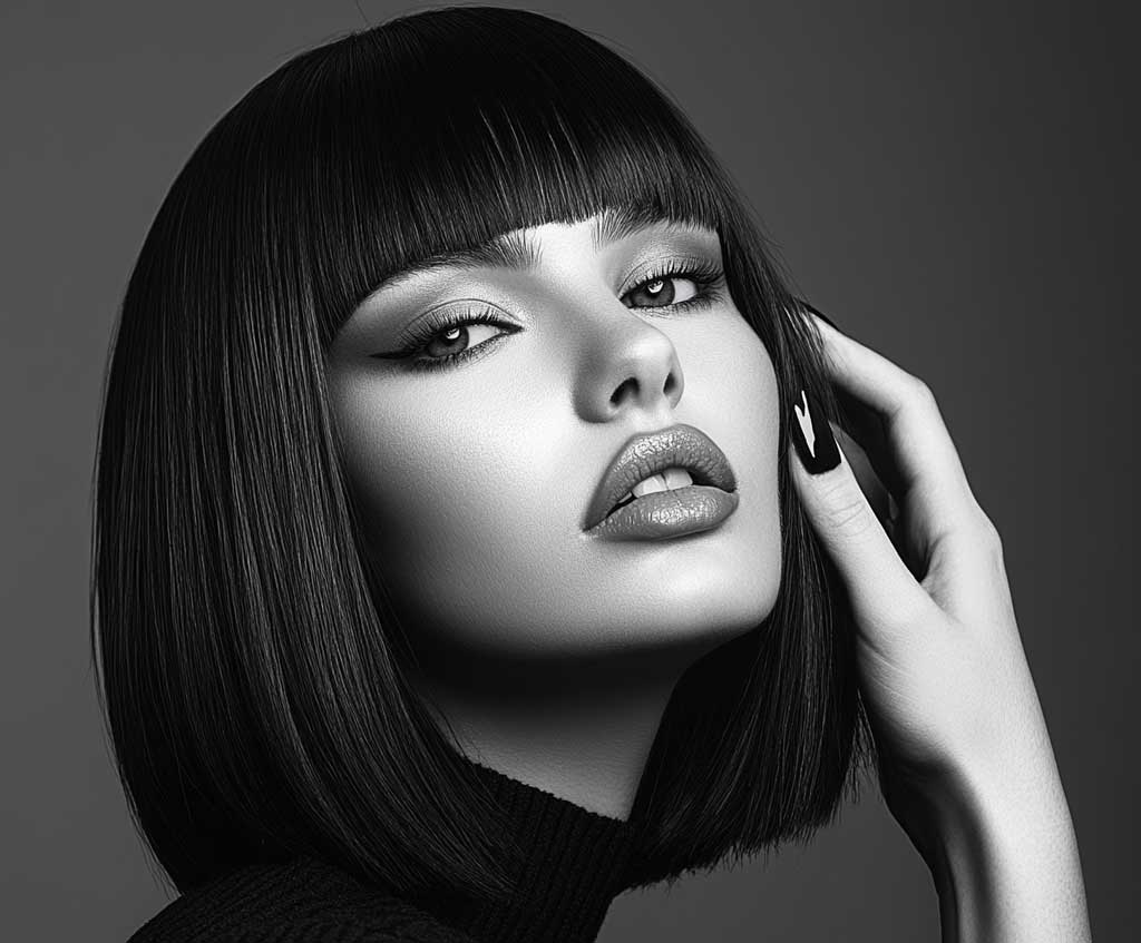 A modern, high-fashion portrait of a woman with blunt side swept bangs styled with a sleek, polished finish. Her glossy hair reflects light, and her bangs fall sharply across her forehead. The background is clean and minimalistic, enhancing the sophistication of the hairstyle.