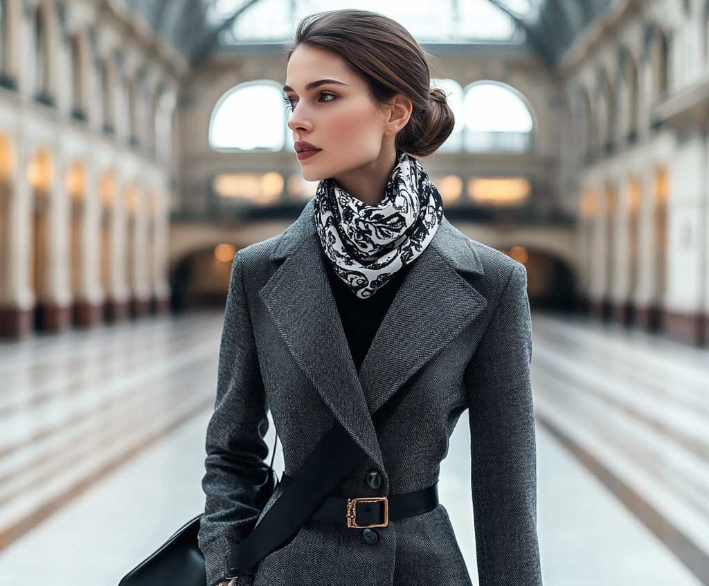 A graceful woman walks through a grand vintage railway station, wearing a tailored charcoal grey wool coat with sharp lapels and a belted waist. Around her neck is a monochrome silk scarf in black and white patterns, tied neatly. Her hair is styled in a sleek low bun, and she carries a structured leather handbag.