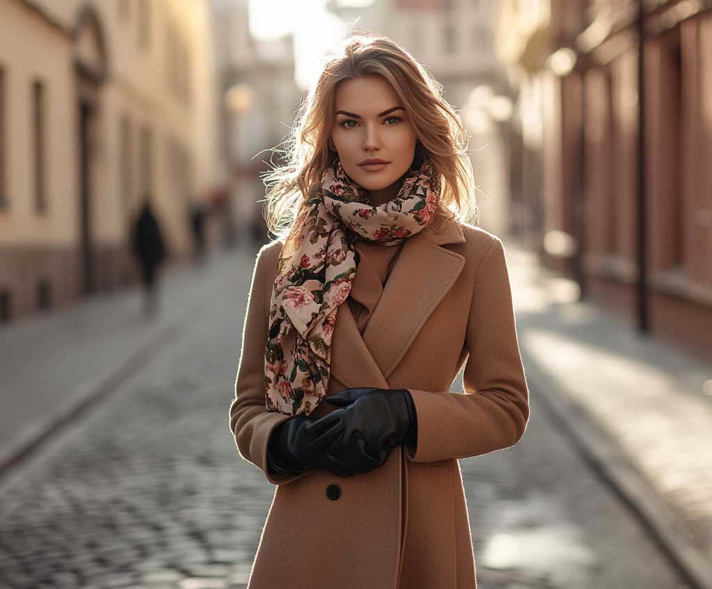 A poised woman standing on a cobblestone street in autumn, wearing a long camel-colored wool coat with wide lapels. She pairs it with a floral silk scarf draped elegantly around her neck. Her hair is styled in soft waves, and she holds vintage leather gloves. Sunlight casts a warm golden glow on the classic urban backdrop.