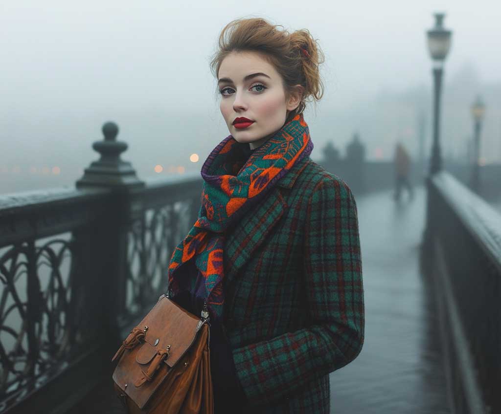 A stylish woman standing on a foggy bridge, wearing a tailored plaid wool coat in deep green and navy tones. A bold silk scarf with vibrant geometric patterns is tied loosely around her neck. Her hair is styled in a loose bun, and she holds a vintage leather satchel. The misty cityscape provides a romantic backdrop.