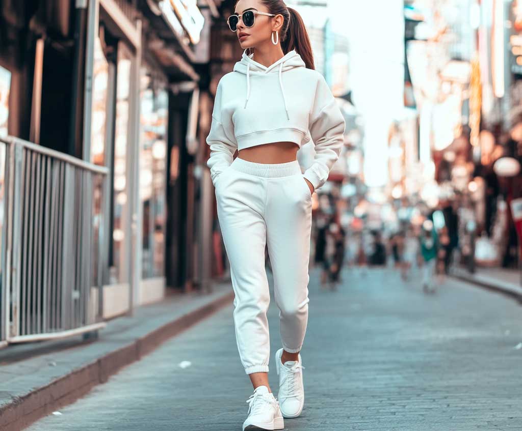 A young woman walking confidently down a vibrant urban street, wearing slim-fit white pants paired with chunky white sneakers and a cropped hoodie. She carries a trendy crossbody bag and sports casual sunglasses. Bright city vibes and modern style dominate the scene.