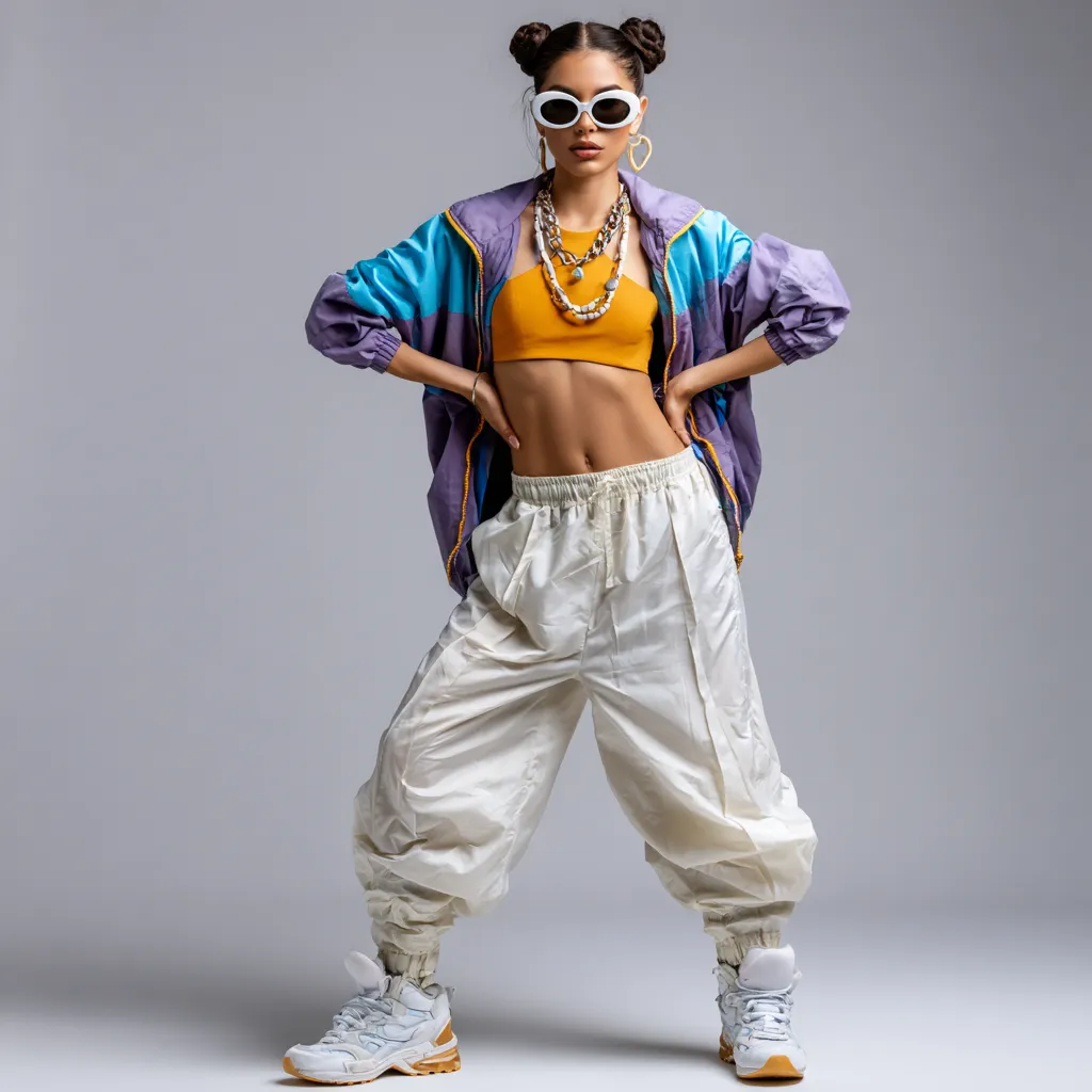 90s windbreaker outfit with neon track pants and sneakers