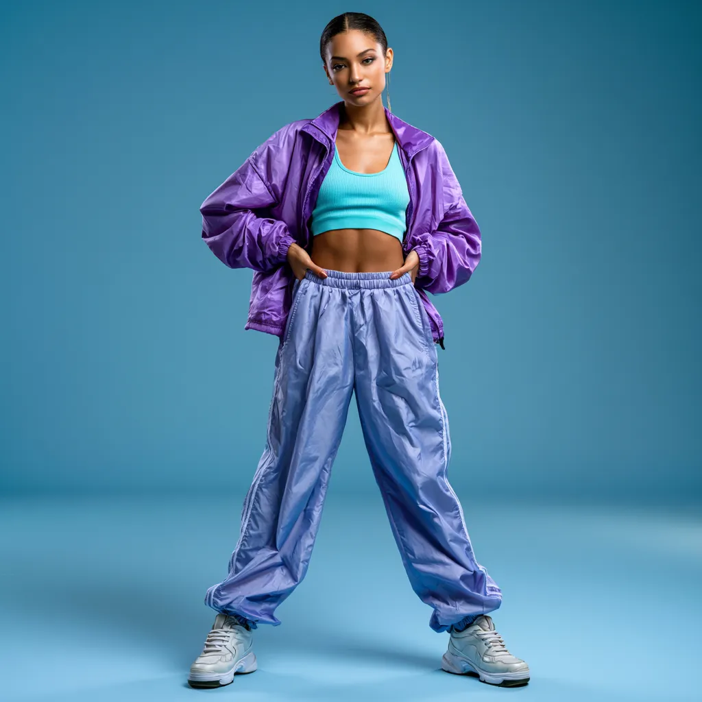 90s windbreaker outfit with neon track pants and sneakers