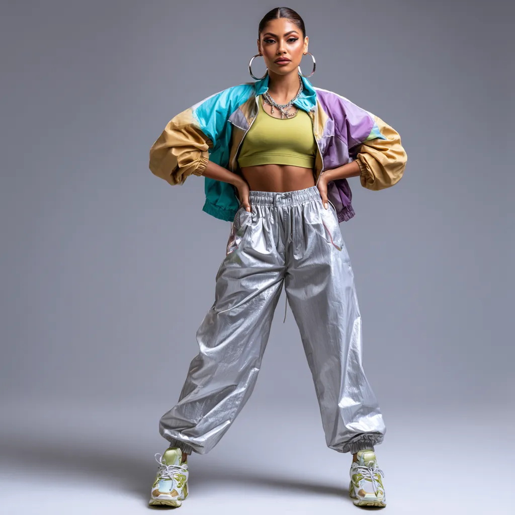 90s windbreaker outfit with neon track pants and sneakers