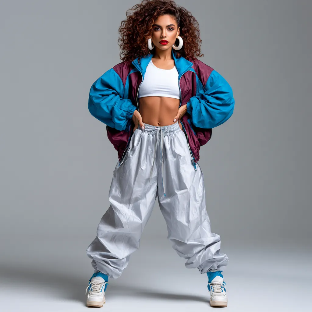 90s windbreaker outfit with neon track pants and sneakers