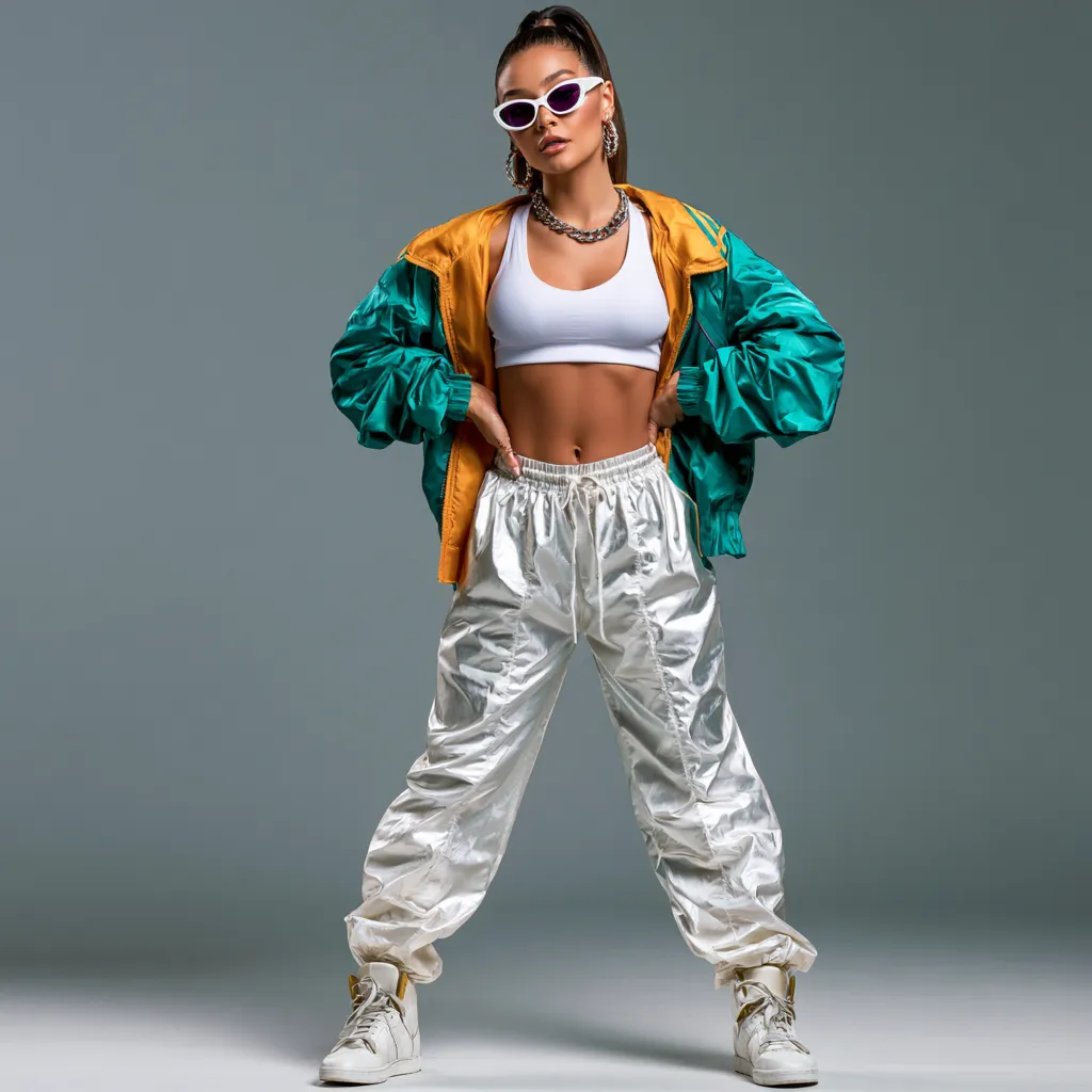 90s windbreaker outfit with neon track pants and sneakers