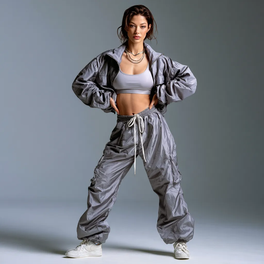 90s windbreaker outfit with neon track pants and sneakers