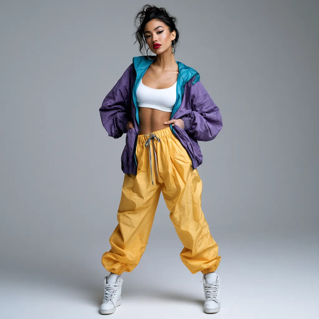 90s windbreaker outfit with neon track pants and sneakers