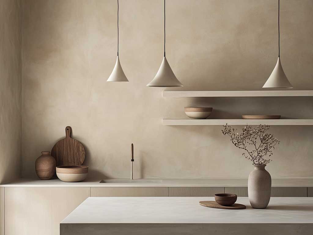 A minimalist kitchen with soft off-white textured plaster walls. The space features sleek handleless cabinetry in muted taupe, a white quartz countertop, and delicate pendant lighting. A few carefully placed ceramic vases and wooden utensils add warmth, completing the clean and serene aesthetic.