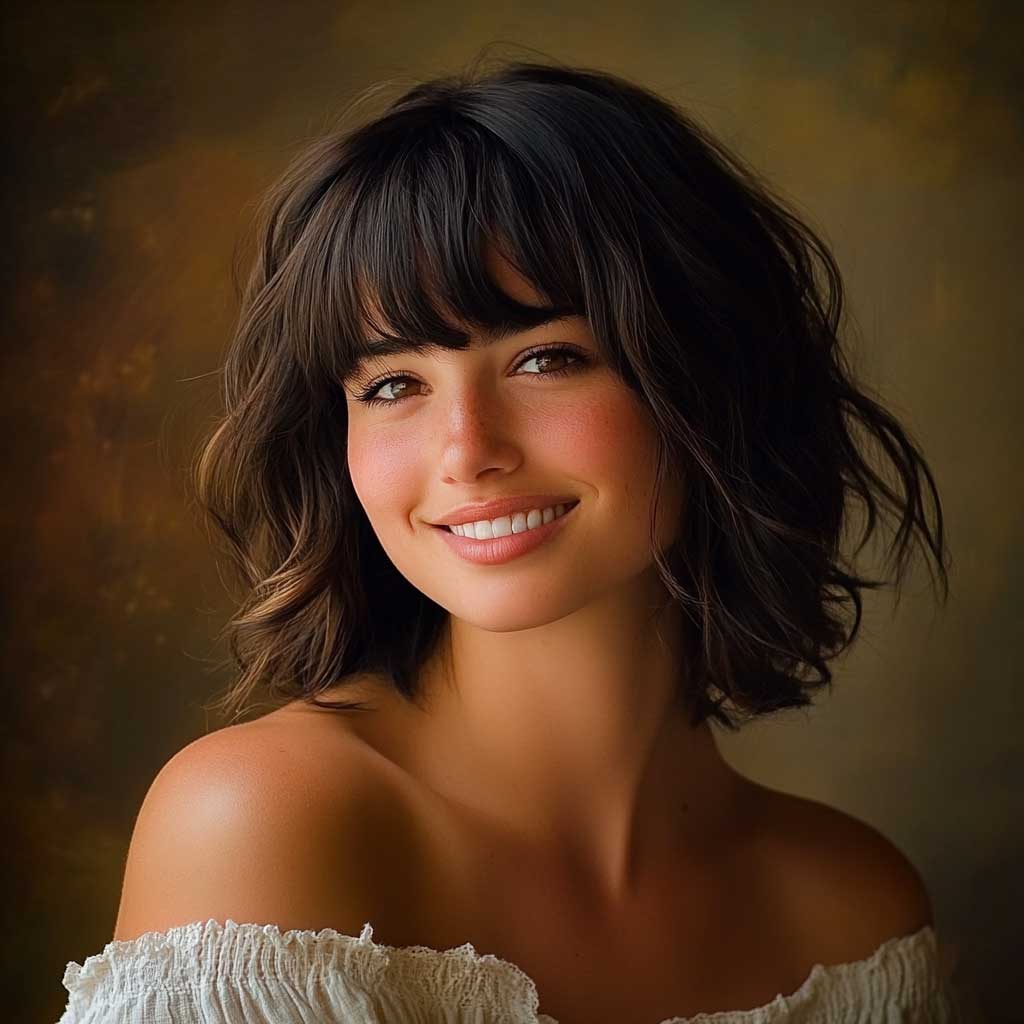 effortless waves shoulder length hair with bangs