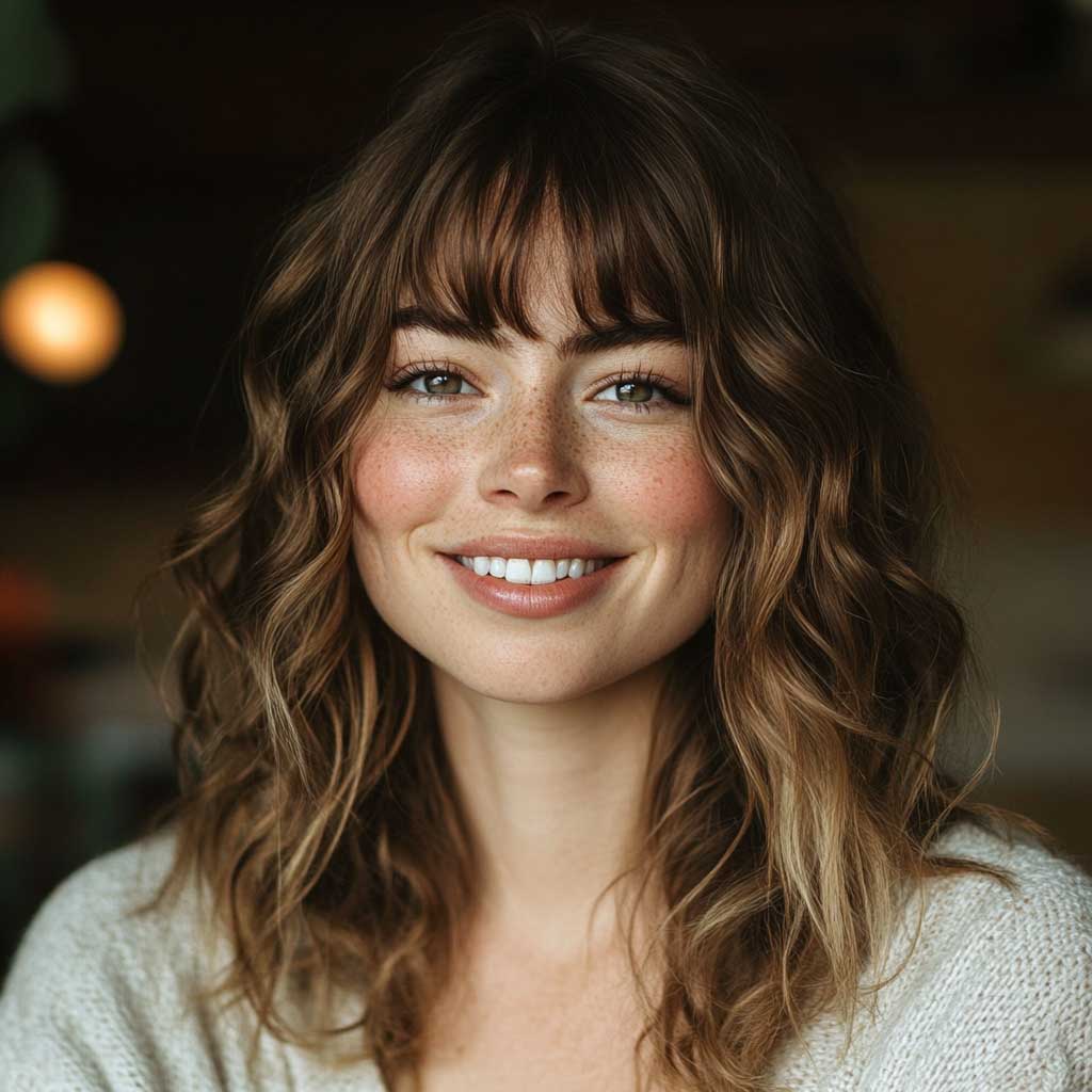 shoulder length hairstyle with bangs waves