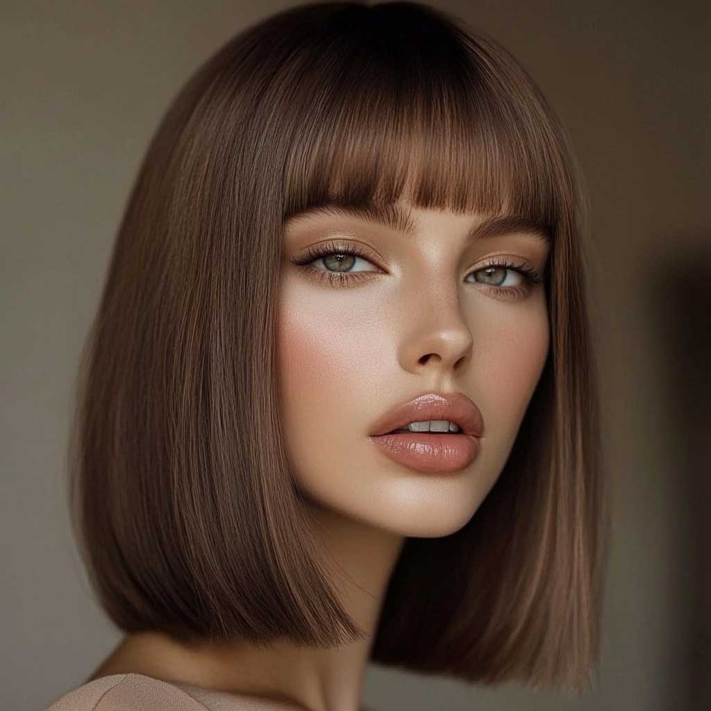 sleek shoulder length hair with bangs