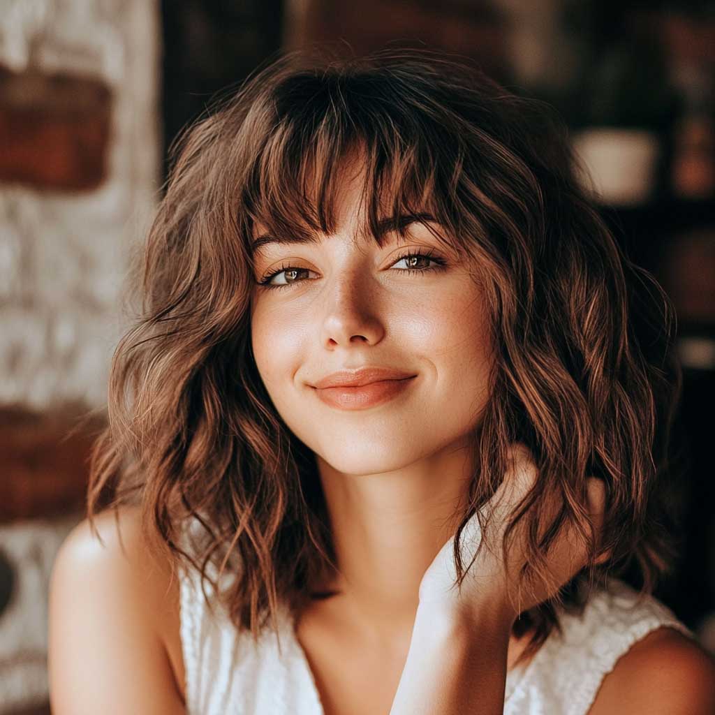 shoulder length hair with bangs and waves