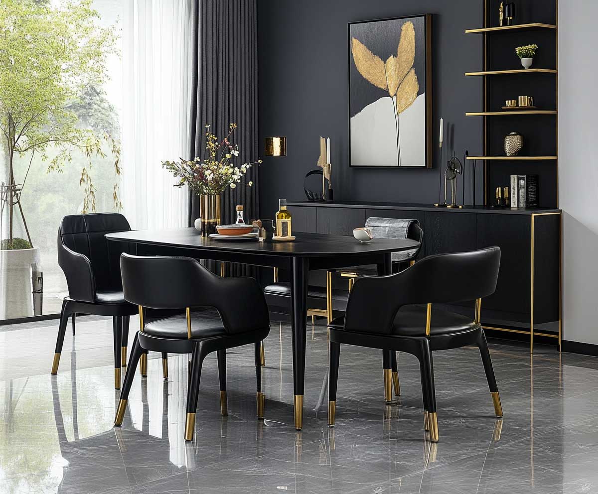 elegant interior with black furniture and brass legged chairs, black wood dining table, matching black shelves, accent wall with art, mid century modern style, polished floors, natural lighting –ar 16:9 –v 5 –style 4c