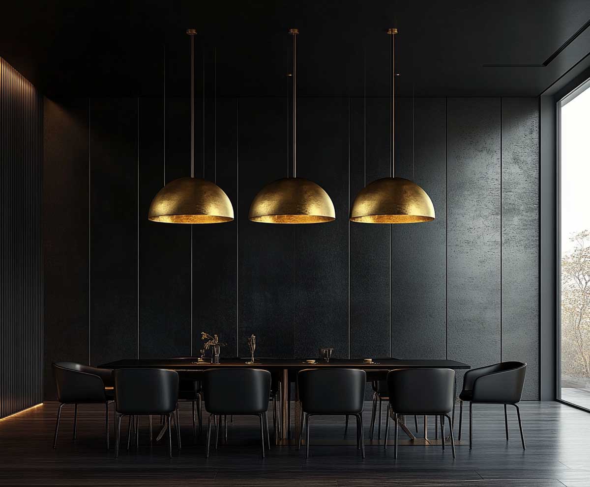 interior with black furniture and golden lighting fixtures, gold pendant lights over a black dining table, moody ambiance, textured black walls, polished wood flooring, sleek modern design, warm light reflections –ar 16:9 –v 5 –style 4c