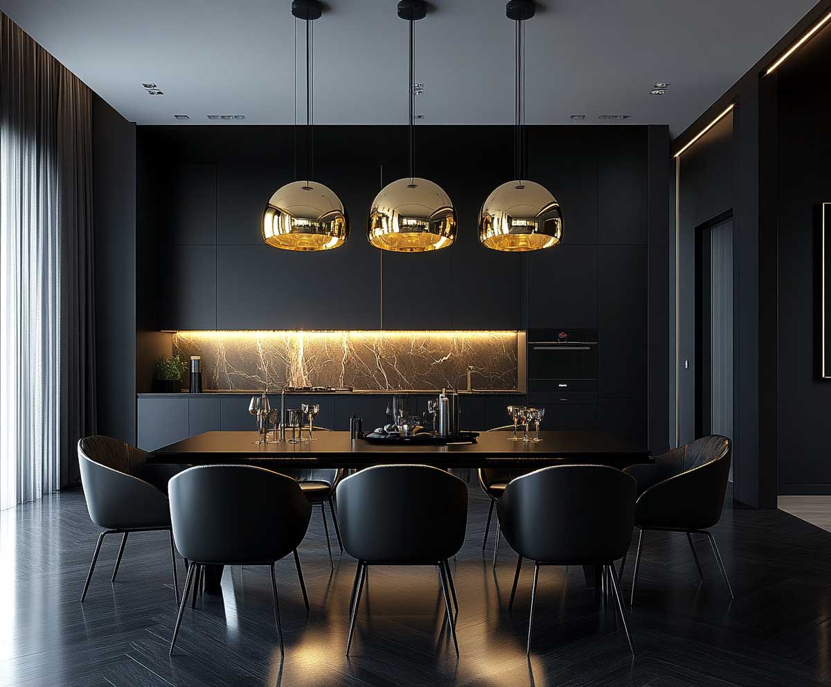 interior with black furniture and golden lighting fixtures, gold pendant lights over a black dining table, moody ambiance, textured black walls, polished wood flooring, sleek modern design, warm light reflections –ar 16:9 –v 5 –style 4c