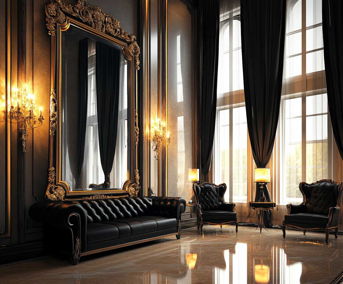luxury interior with black furniture, large ornate gold framed mirrors on the walls, black leather sofa, marble flooring, tall windows with sheer curtains, warm ambient lighting, elegant modern classic style –ar 16:9 –v 5 –style 4c