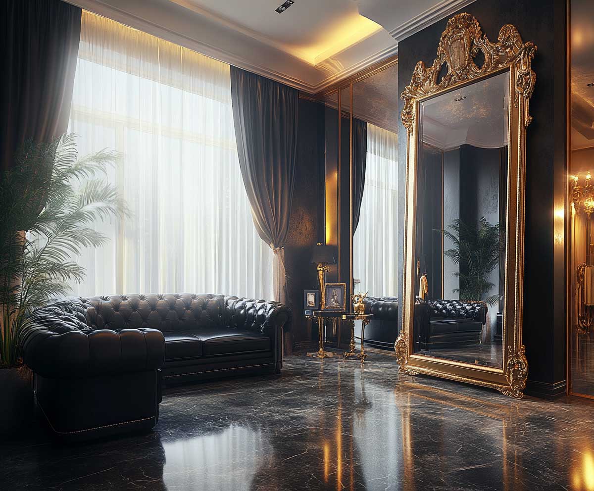 luxury interior with black furniture, large ornate gold framed mirrors on the walls, black leather sofa, marble flooring, tall windows with sheer curtains, warm ambient lighting, elegant modern classic style –ar 16:9 –v 5 –style 4c