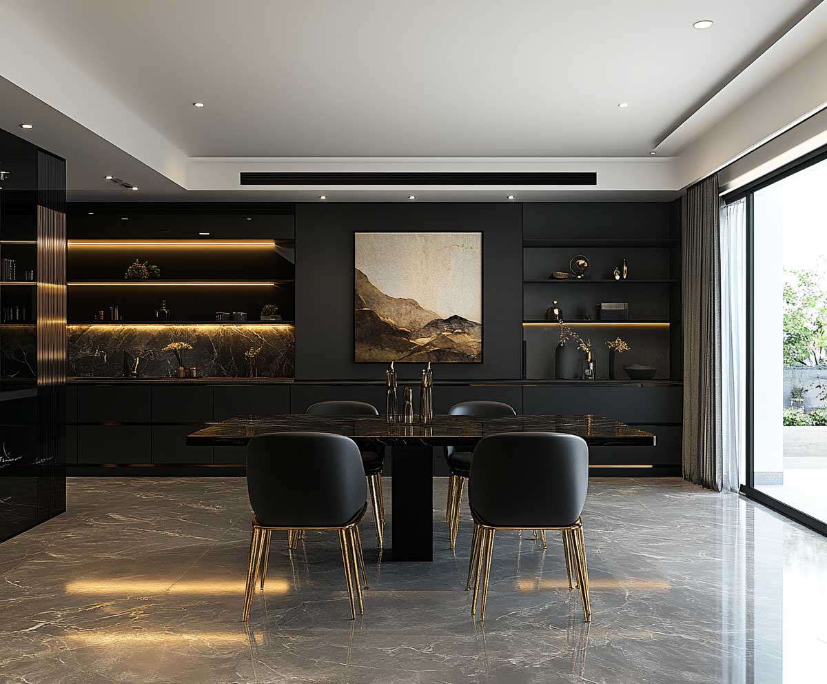 elegant interior with black furniture and brass legged chairs, black wood dining table, matching black shelves, accent wall with art, mid century modern style, polished floors, natural lighting –ar 16:9 –v 5 –style 4c