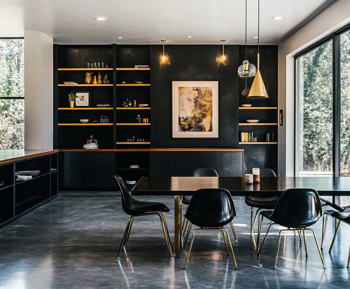 elegant interior with black furniture and brass legged chairs, black wood dining table, matching black shelves, accent wall with art, mid century modern style, polished floors, natural lighting –ar 16:9 –v 5 –style 4c