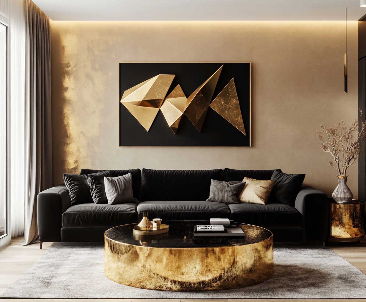 interior design of a modern living room with black furniture, matte gold wall décor including geometric art and sculptural pieces, black velvet sofa, gold-accented coffee table, warm lighting, minimalistic style, neutral background