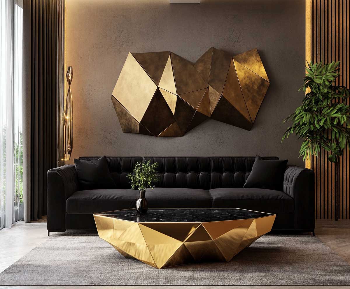 interior design of a modern living room with black furniture, matte gold wall décor including geometric art and sculptural pieces, black velvet sofa, gold-accented coffee table, warm lighting, minimalistic style, neutral background