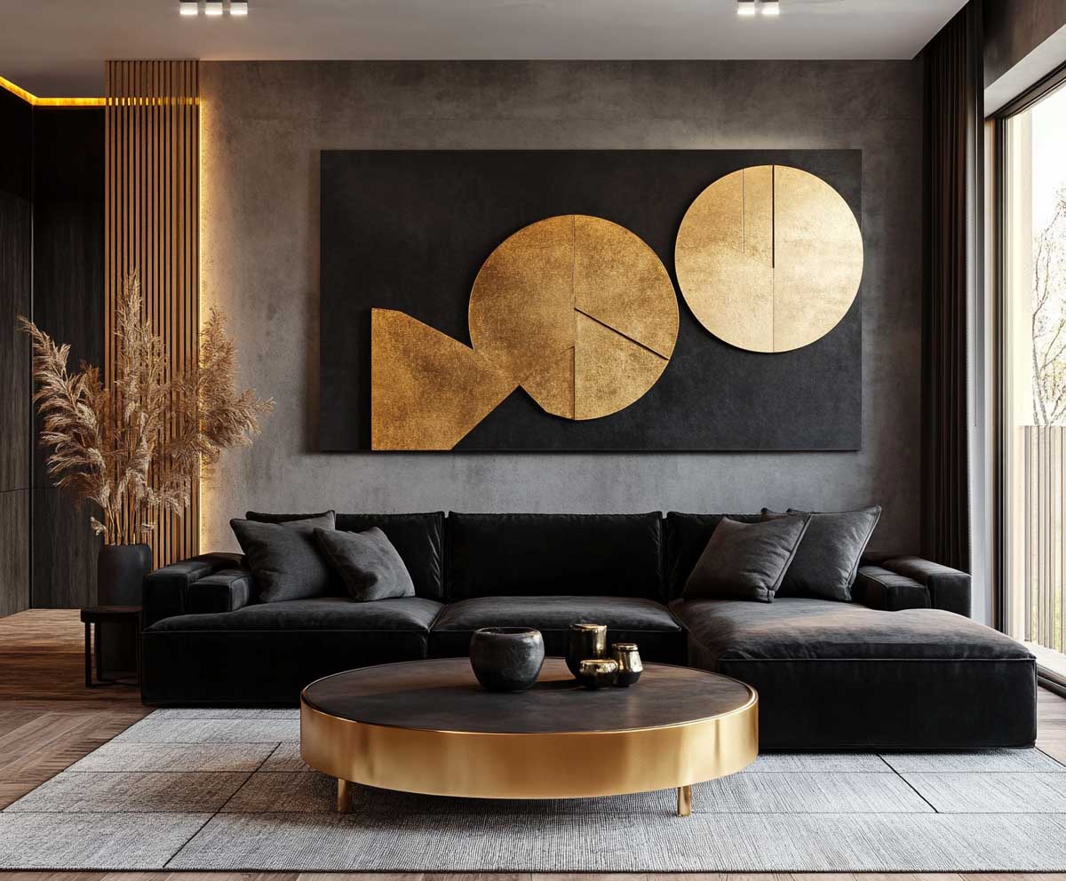 interior design of a modern living room with black furniture, matte gold wall décor including geometric art and sculptural pieces, black velvet sofa, gold-accented coffee table, warm lighting, minimalistic style, neutral background