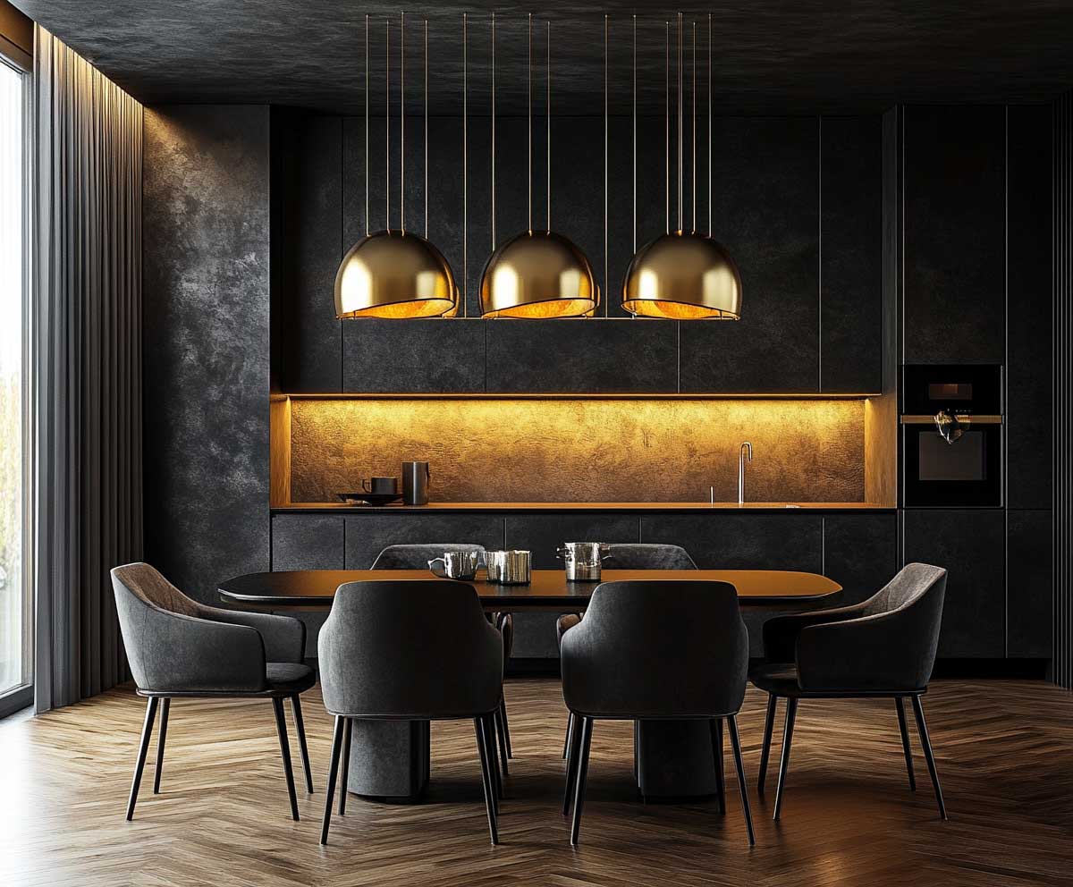 interior with black furniture and golden lighting fixtures, gold pendant lights over a black dining table, moody ambiance, textured black walls, polished wood flooring, sleek modern design, warm light reflections –ar 16:9 –v 5 –style 4c
