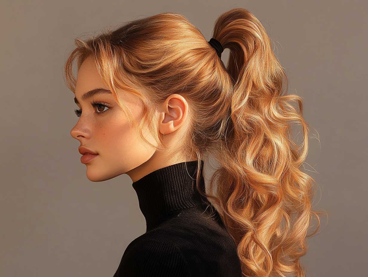 studio portrait of a woman with a round face and curly ponytail in honey blonde ombre, layered curls, medium height ponytail, warm tones and sunlit highlights, sleek hair base, neutral studio setting