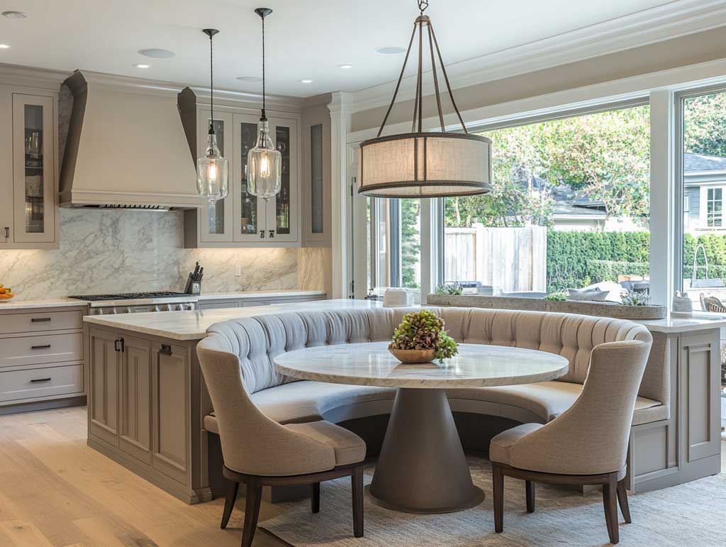 cozy transitional kitchen, round edge kitchen island in soft gray with white marble top, built-in wraparound booth seating in light taupe fabric, pendant lighting, family-friendly design, elegant and functional, inviting dining layout