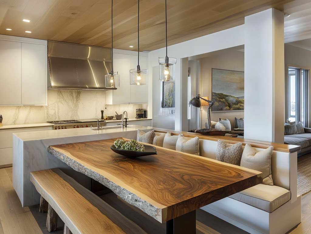 modern rustic kitchen, long wood top kitchen island with natural grain, integrated upholstered bench seating on one side, neutral tones, cozy lighting, warm textures, designed for small family dining, natural style harmony