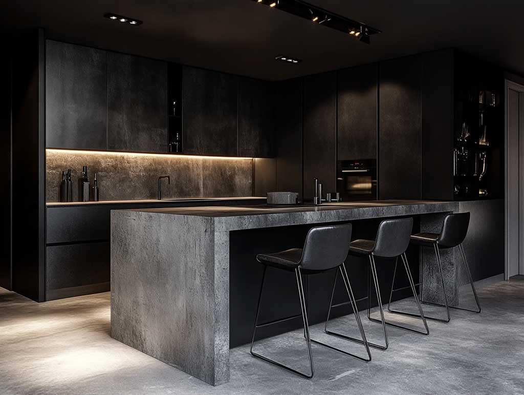 sleek industrial kitchen, concrete waterfall edge island with matte finish, four high back bar stools in dark leather, minimalist open layout, black fixtures, moody lighting, urban design style, functional and stylish setup
