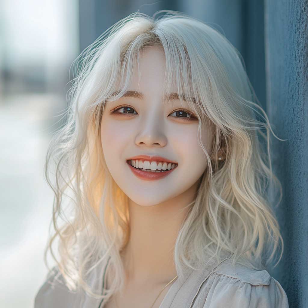 Candid outdoor portrait of a Korean woman with wavy platinum blonde layered hair and light curtain Korean bangs, natural light, smiling expression, casual chic outfit, soft breeze, high-detail lens