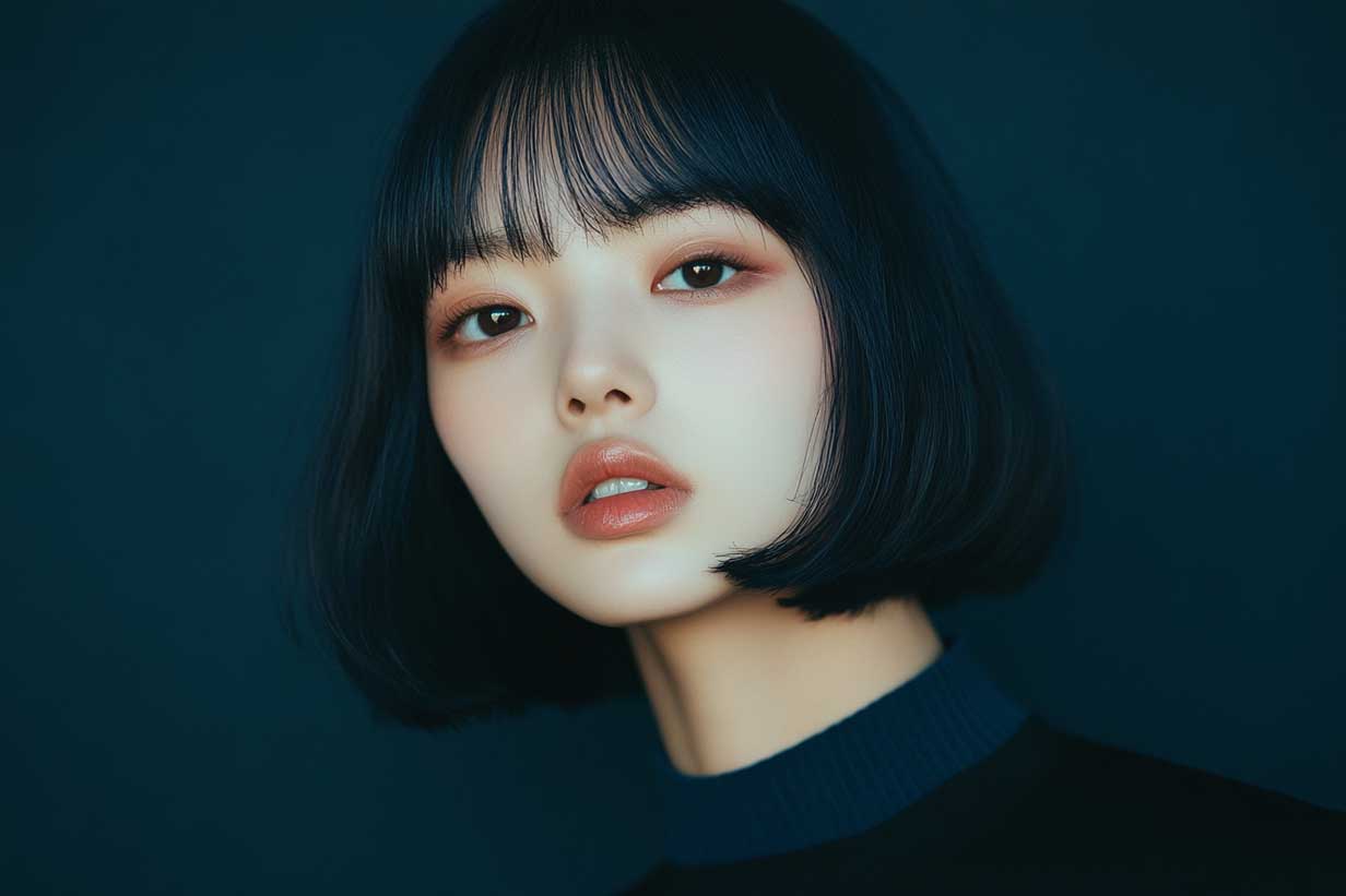 Side profile capturing the sharp bob line and bang length.