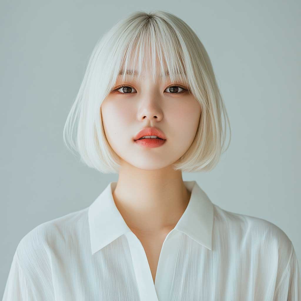 Studio shot of a Korean woman with a platinum blonde bob haircut and middle parted curtain Korean bangs, wearing a modern blouse, soft side lighting, clean background, calm expression, sharp photo clarity